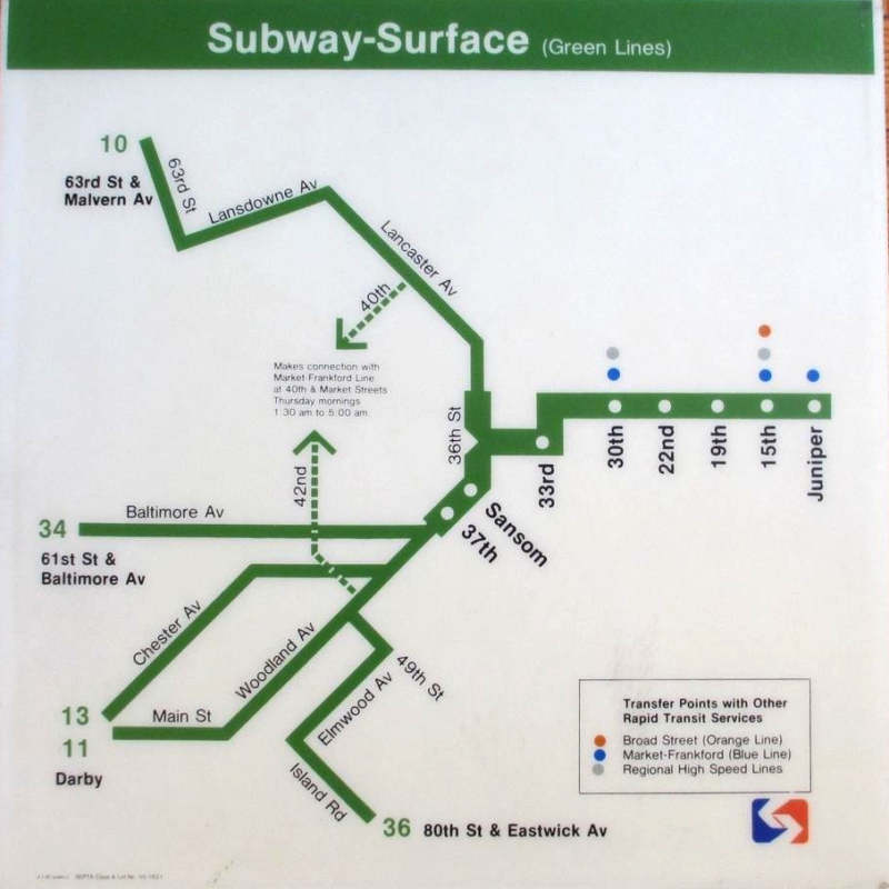 1982 SEPTA Subway-Surface (Green Lines) car map